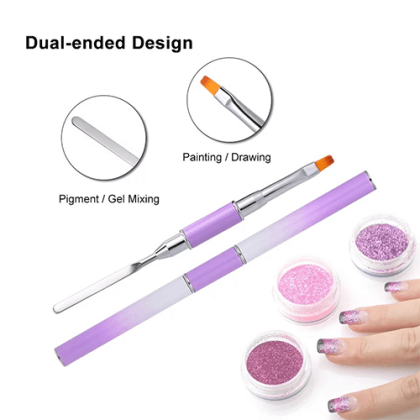 Πινέλο Νυχιών Διπλής Όψης Για Acrygel Με Σπάτουλα Μωβ